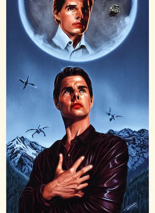 Prompt: small innocent tom cruise, evil beings loom above him, they reach into his mind, twin peaks poster art, from scene from twin peaks, by michael whelan, artgerm, retro, nostalgic, old fashioned, 1 9 8 0 s teen horror novel cover, book