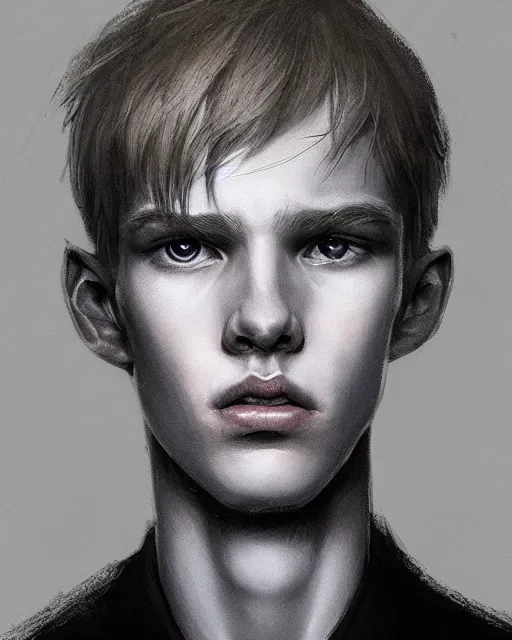 Prompt: portrait of 1 5 - year - old boy, a tall, slender boy with a pale, pointed face, white - blond hair, cold grey eyes, a pale complexion with sharp and pointed features, hyper realistic face, beautiful eyes, fantasy art, in the style of greg rutkowski, intricate, hyper detailed, smooth