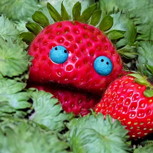 Image similar to strawberry creature with multiple eyes