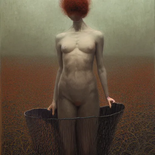 Image similar to liminal!!, portrait, shore of the lake, woman, wrapped around by tubes and cables, short black curly hair, glowing red, by edgar maxence and ross tran, zdzisław beksinski, and michael whelan, distant, gustav dore, h. r. giger, 8 k, octane render