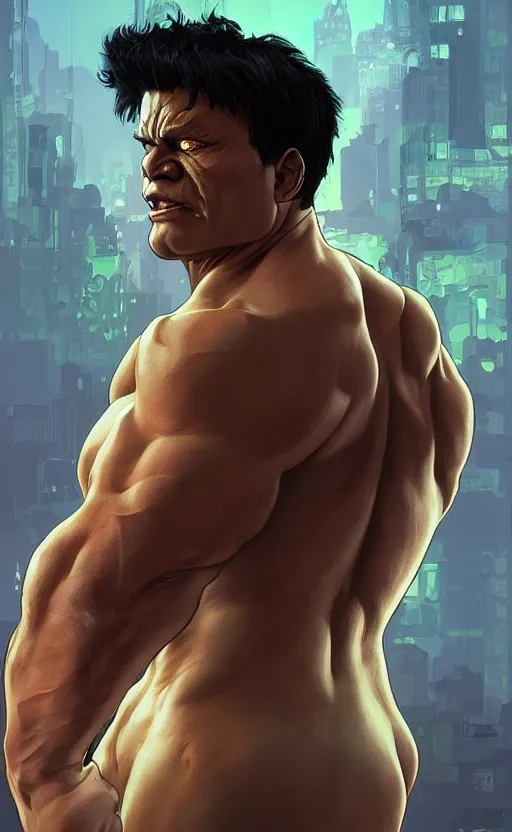 Prompt: Hulk, highly detailed, digital painting, artstation, standing, facing camera, concept art, smooth, sharp focus, illustration, art by artgerm and alphonse mucha, high definition digital art, dramatic lighting, in the style of ilya kuvshinov and Ross tran