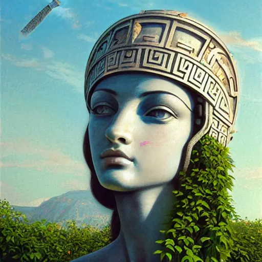 Prompt: beatiful young greek godess in steel helmet looking from a giant Zeus head, greek temple of olympus glory island little wood bridge painting of tower ivy plant in marble late afternoon light, wispy clouds in a blue sky, by frank lloyd wright and greg rutkowski and ruan jia