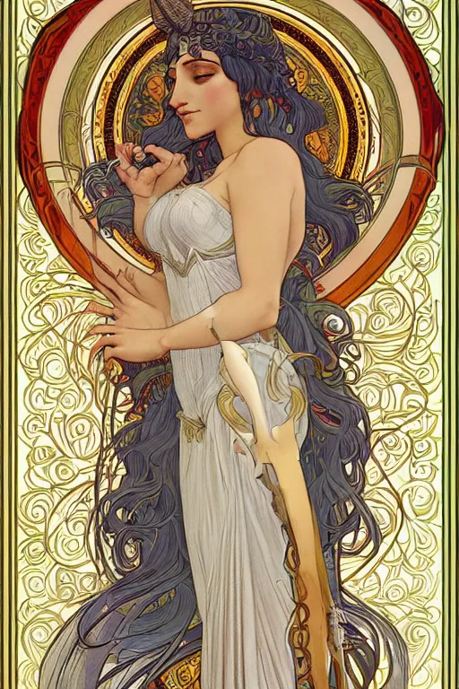 Prompt: stunning goddess valkyrie, crescent moon in the background, in style blend of Botticelli and alphonse mucha, amazing detail, stunning lines, flat colors, 4K, digital illustration, character concept