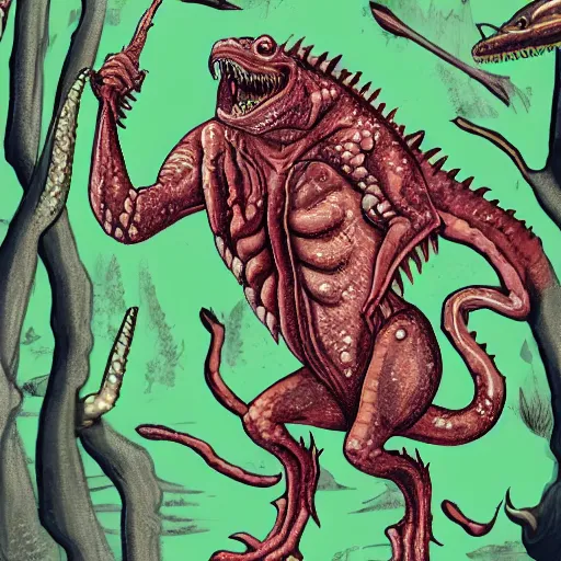 Image similar to big butcher anthro lizardfolk posing scarily, scary angry pose, covered in blood, fresh kill, cleaver, in a forest, earie setting, lovecraft, eldritch, horror, hyperdetailed