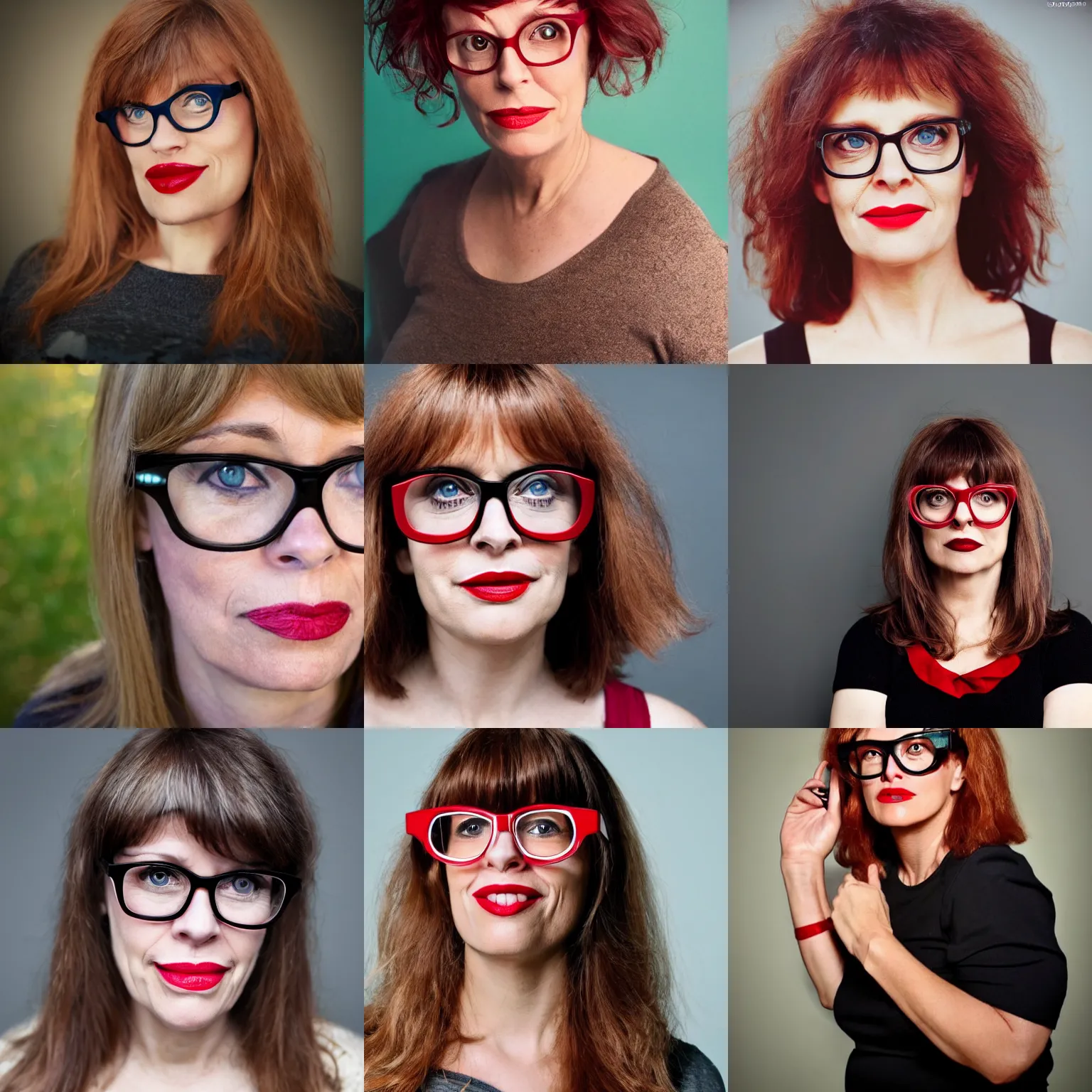 Prompt: a 4 5 year old french swedish woman who looks kind of like candace cameron, wearing oprah glasses, wearing foundation and red lipstick, brown hair with bangs, very nerdy, posing for a picture, a photo by jane freilicher, tumblr contest winner, cloisonnism, matte photo, contest winner, adafruit