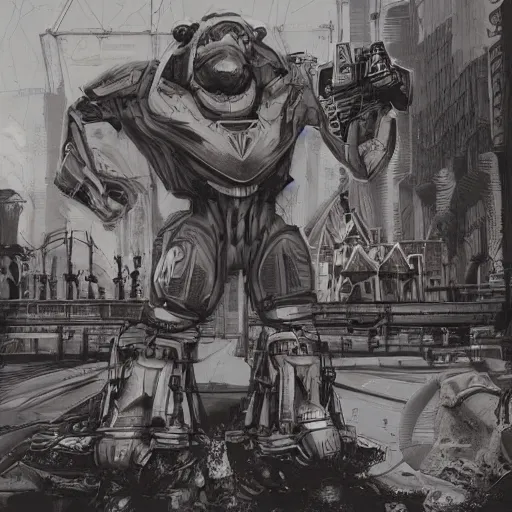 Image similar to Mcbess designed cyberpunk aesthetic TOOL album cover art of a giant mech warrior