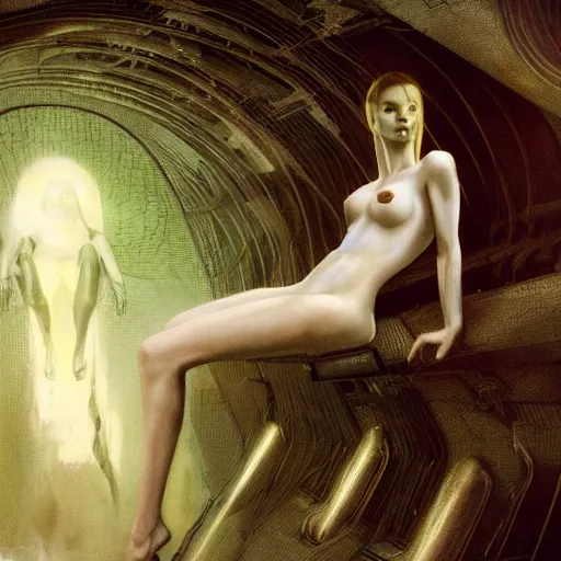 Image similar to epic masterpiece full body portrait a beautiful woman, with a beautiful face and flawless skin, lounging inside a spaceship designed by H.R. Giger, dark background, eerie fog, by Edgar Maxence and Ross Tran and Michael Whelan