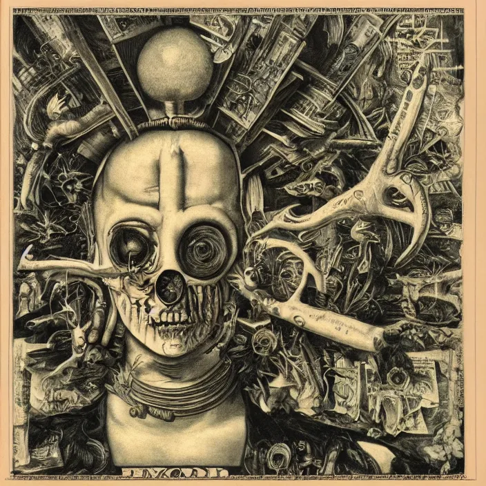 Image similar to post - punk new age album cover, asymmetrical design, dollar bank notes, capitalism, magic, apocalypse, psychedelic, black white pink, highly detailed, magic, giger h. r., giuseppe arcimboldo