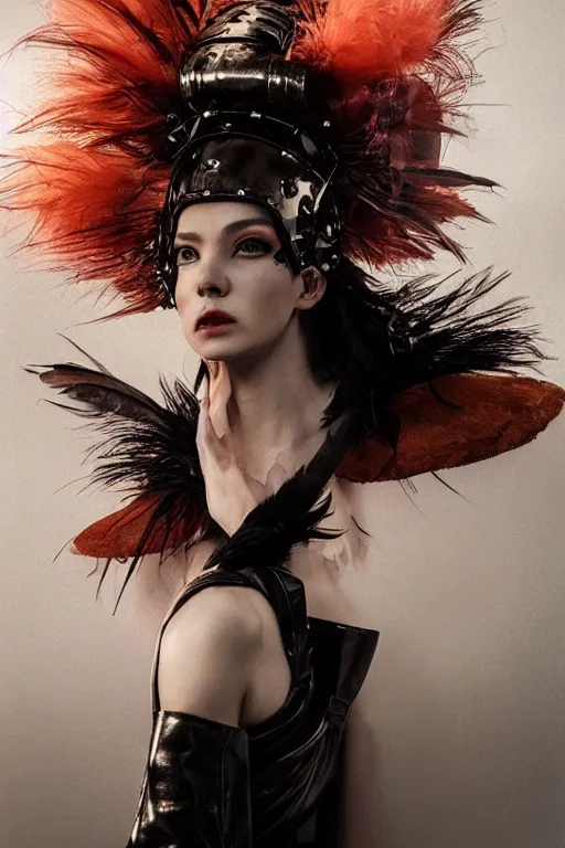 Image similar to a close up matte portrait of an attractive stern fierce 25yo female goddess of nuclear explosions wearing a divine costume with a modular grand headpiece. matte painting portrait by Alessio Albi, Ross Tran, and WLOP, her outfit is made of leather and feathers and was designed by Yoshitaka Amano in the style of an explosion. headshot. trending on artstation, quirky composition, volumetric light, in the style of a 1970s sci fi book cover