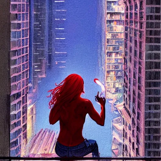 Prompt: a beautiful artwork of a woman with red hair in jeans and a white shirt smoking on the balcony of a hotel at night, top view, cinematic shot, rainy, marvel, dc comics neon and rainy theme atmosphere by Jerome Opeña, featured on artstation