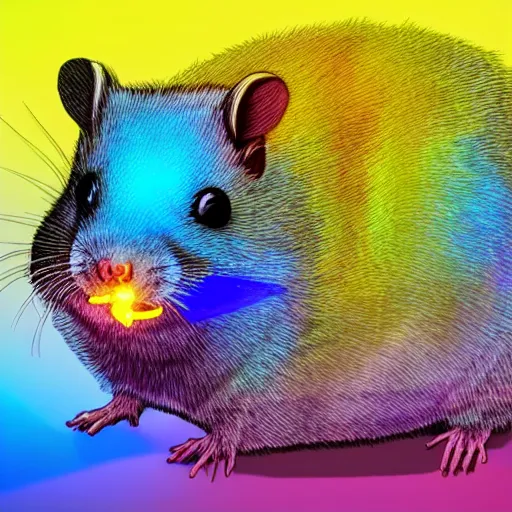 Image similar to cyberpunk hamster! holding rainbow! gem! crystal, neon lights, light reflection, 8 k, hd