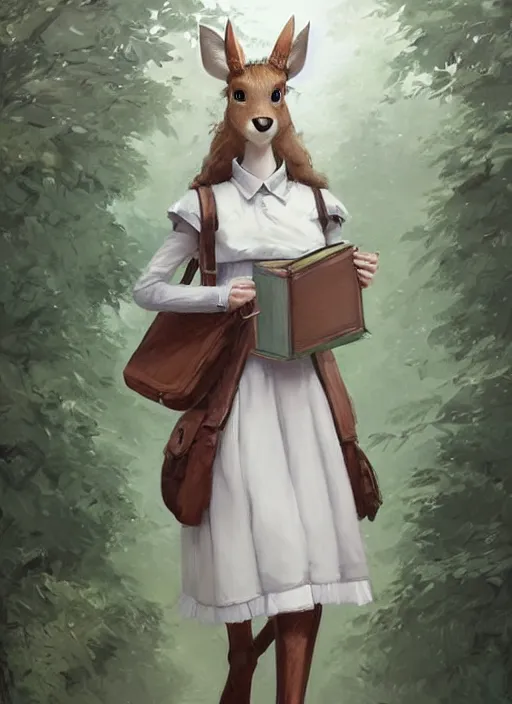 Image similar to beautiful portrait commission of a shy female furry anthro whitetail deer fursona wearing a white blouse and a knee-length skirt, holding a bookbag while walking through a college campus, intricate, elegant, highly detailed, digital painting, artstation, concept art, smooth, sharp focus, illustration, art by Krenz Cushart and Artem Demura and alphonse mucha