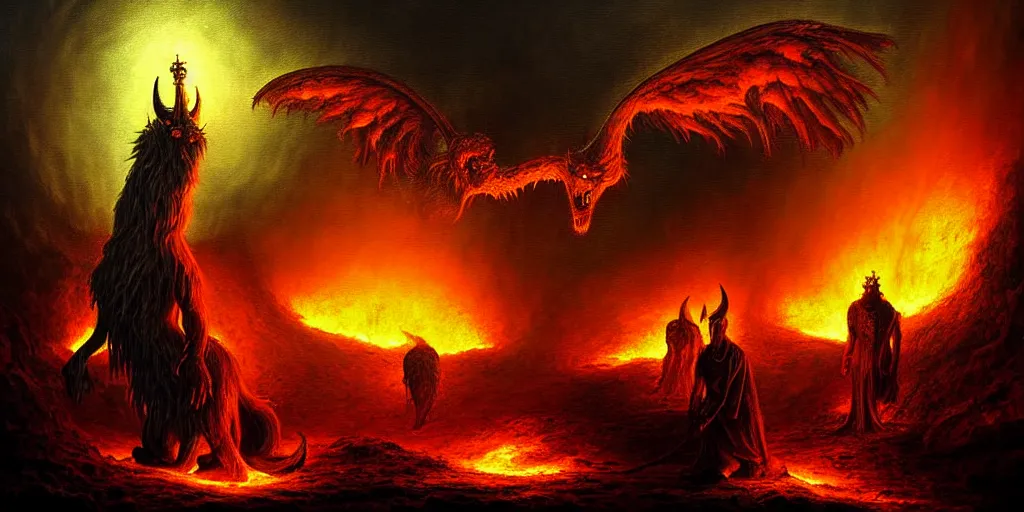 Image similar to mythical creatures and monsters at the mouth of hell, dramatic lighting glow from giant fire, in a dark surreal painting by ronny khalil