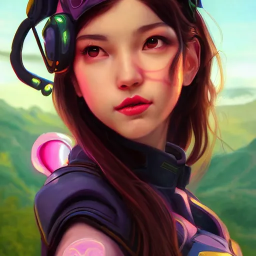 Prompt: a beautiful scenic painting of a beautiful young woman that looks like dva from overwatch by artgerm and wlop and wes anderson and spike jonze
