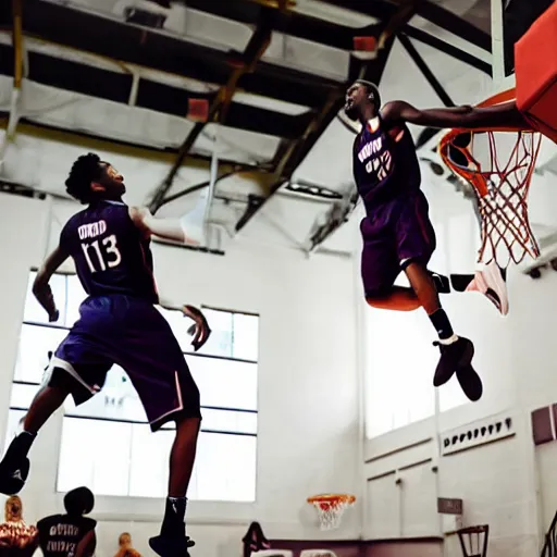 Prompt: basketball player doing a slam dunk