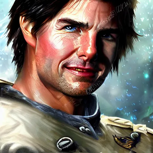 Image similar to Tom Cruise in the style of the game World of Warcraft, with a background based on the game World of Warcraft, detailed face, old 3d graphics