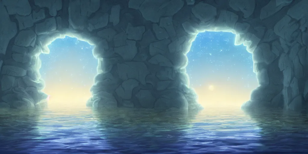 Prompt: a cell - shaded studio ghibli concept art study of a square dimensional portal doorway in a flooded desert on a misty starry night. a waterfall is flowing out of the portal. very dull colors, hd, 4 k, hq