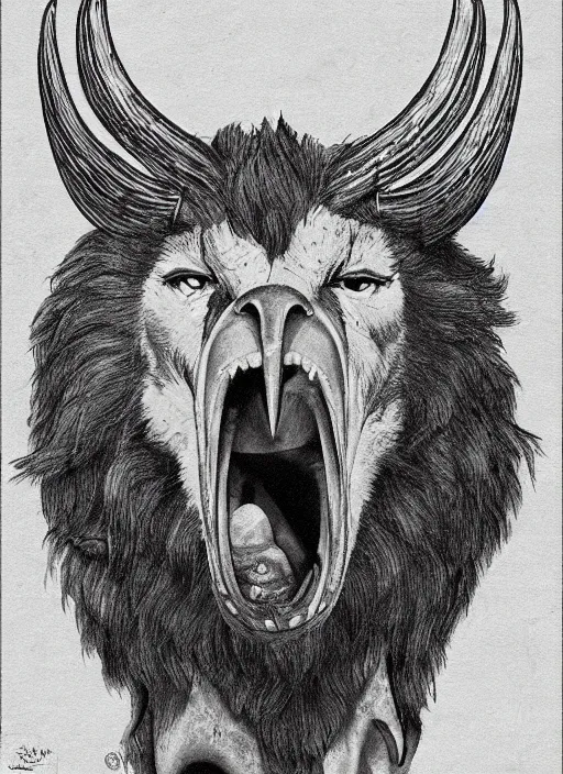 Image similar to a mighty strong creature with the body and eyes of a man, with the beak of an eagle, the mane of a lion, and the horns of an ox. drawn by boris valejo