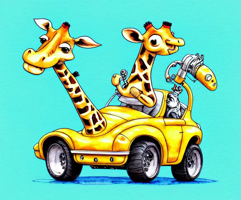 Image similar to cute and funny, giraffe wearing a helmet riding in a tiny hot rod with oversized engine, ratfink style by ed roth, centered award winning watercolor pen illustration, isometric illustration by chihiro iwasaki, edited by range murata, tiny details by artgerm and watercolor girl, symmetrically isometrically centered