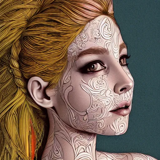 Image similar to a portrait of an incredibly beautiful, colorful, graceful, elegant, and sophisticated young blonde girl made of garlic, an ultrafine detailed illustration by james jean, intricate linework, bright colors, final fantasy, behance contest winner, vanitas, angular, altermodern, unreal engine 5 highly rendered, global illumination, radiant light, detailed and intricate environment