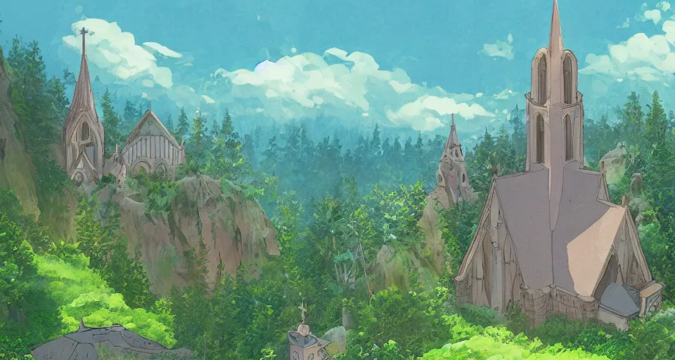 Image similar to view of a catholic church on a forested mountain, in the style of studio ghibli, distant, detailed, artstation, award winning painting