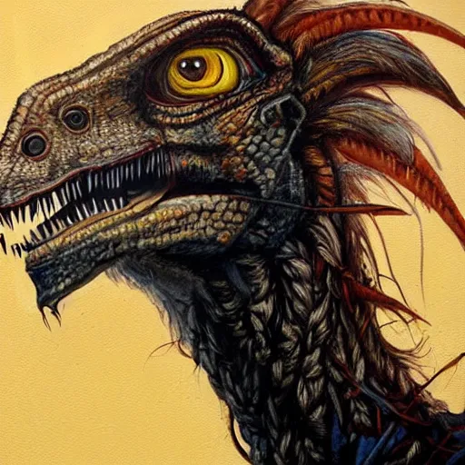 Prompt: portrait painting of Jesus as a velociraptor by Chevrier Sandra, holy light, hyperdetailed