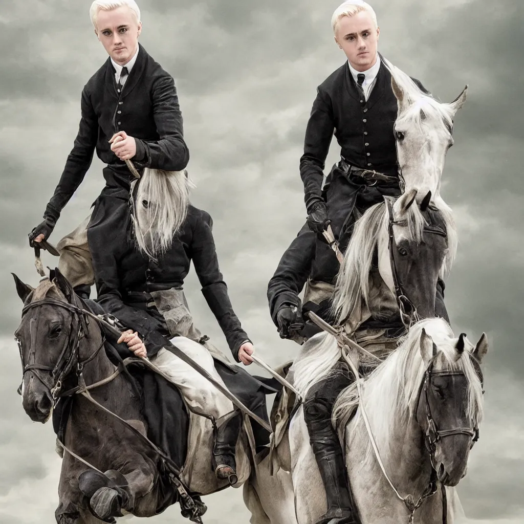 Image similar to Draco Malfoy riding one black horse