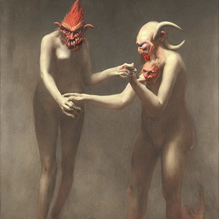 Image similar to a red-horned goblin monster next to a woman, by Odd Nerdrum