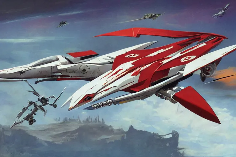 Image similar to a pteranodon mecha fighter, white john berkey armor panels, wine-red trim, skull insignia, robotech styling with Kanji markings, boeing concept art painting