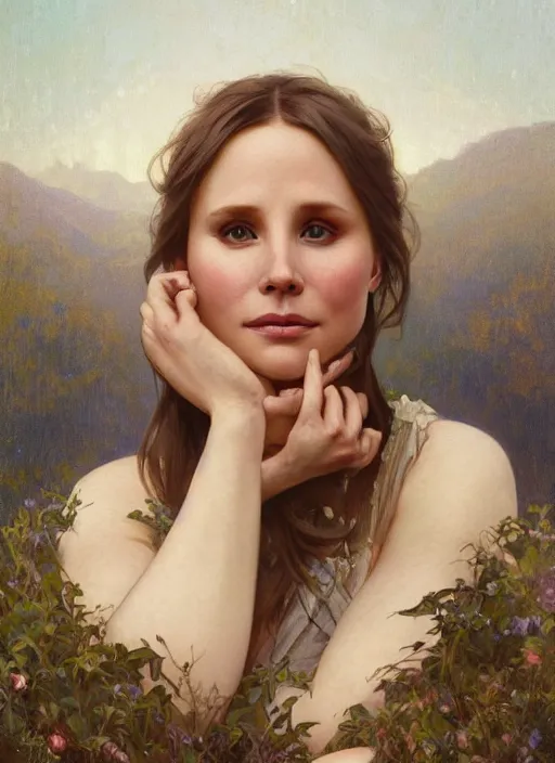 Image similar to beautiful portrait of thick chonky kristen bell, soft features, by magali villeneuve and greg rutkowski and artgerm and alphonse mucha and jeremy lipkin and rob hay, intricate, elegant, highly detailed, photorealistic, trending on artstation, trending on cgsociety, 8 k, sharp focus