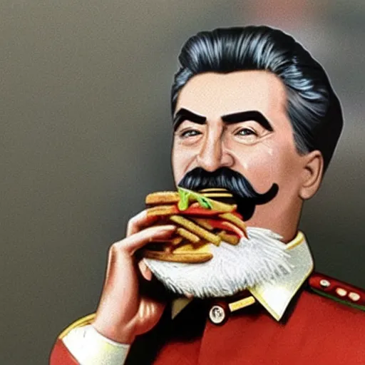 Image similar to joseph stalin enjoying a happy meal at mcdonald's, colored, 8 k, hyperdetailed