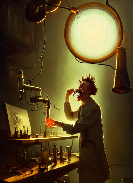 Image similar to mad scientist performing a experiment by otto dix and greg rutkowski and andreas rocha, cinematic lighting, highly detailed, warm colours, 8 k