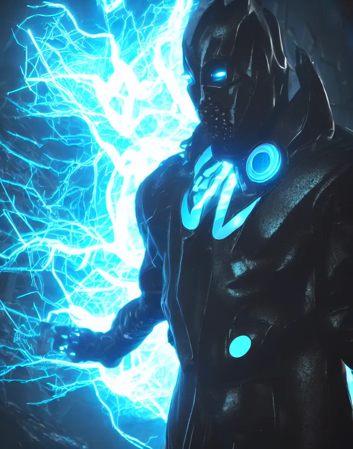 Image similar to electro storm supervillain, character design, radiating energy, mist, fog, photo realistic, octane render, unreal engine, hyper detailed, volumetric lighting