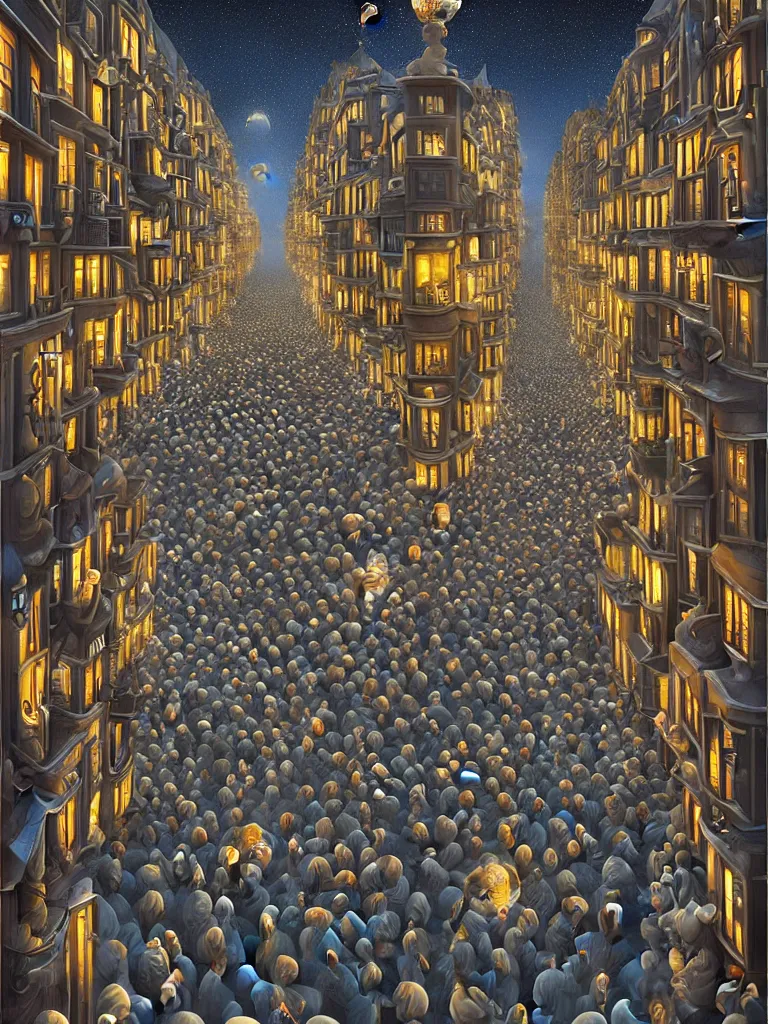 Image similar to A crowded street extending into the night sky, matte painting by Rob Gonsalves, in the style of Salvador Dalí, surrealism, magic realism, optical illusion art