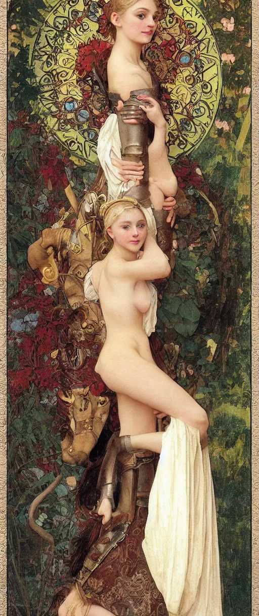 Image similar to annasophia robb in medieval armour, bowl haircut, mucha and bouguereau