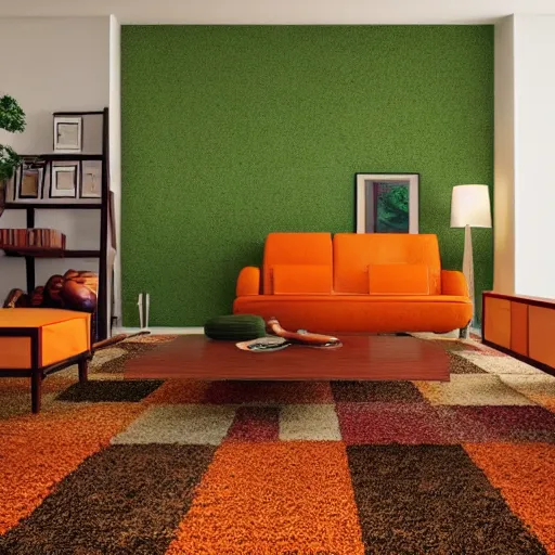 Image similar to 1 9 7 0 s interior, living room, retro, vintage, architecture, wood panel walls, green shaggy carpet, orange and brown touches, realistic, natural lighting