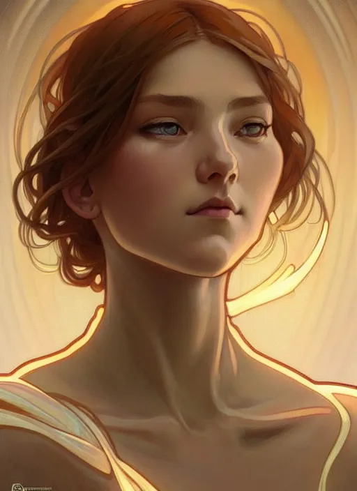 Image similar to digital character concept art by artgerm and greg rutkowski and alphonse mucha. clear portrait taken in 2 0 2 2 of a young wife blessed by god to uncontrollably become overwhelmingly perfect!! blonde, clothed! obviously feminine holy body!! light effect. hyper detailed, glowing lights!! intricate, elegant, digital painting, artstation, smooth, sharp focus