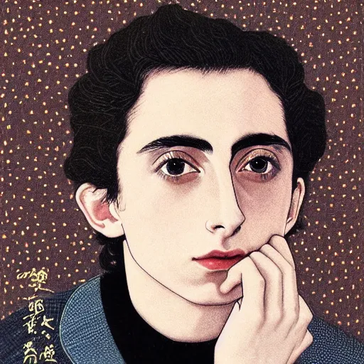 Image similar to “ timothee chalamet portrait by ikenaga yasunari and ayana otake and ko rakusui, 6 0 s poster, drawing, realistic, sharp focus, japanese, dreamy, nostalgia, faded, golden hues, floral clothes ”