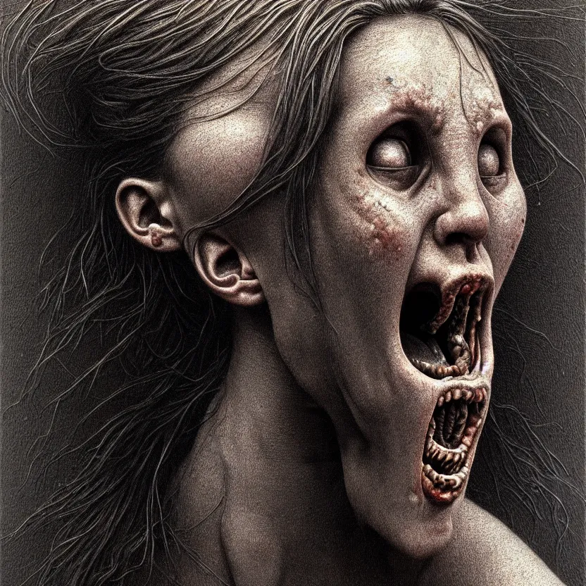 Image similar to ultra realist intricate detailed portrait of a single rugged attractive female screaming single mouth, full body, accurate features, apocalyptic, very intricate details, 8 k resolution, dim lighting, dramatic lighting, artstyle zdzisław beksinski, award winning