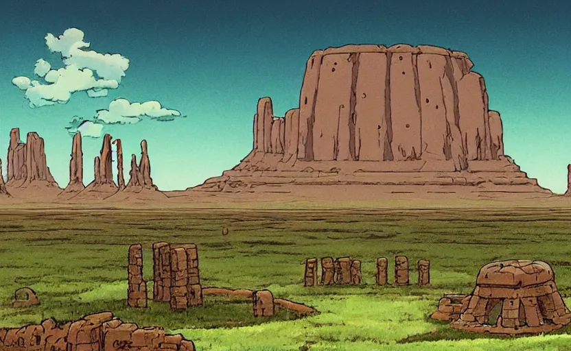 Image similar to a cell - shaded studio ghibli concept art from paprika ( 2 0 0 6 ) of a spaceship from close encounters of the third kind ( 1 9 7 7 ) sitting on top of a lush temple that looks like monument valley stonehenge jungle. a caravan is in the foreground. very dull colors, portal, hd, 4 k, hq