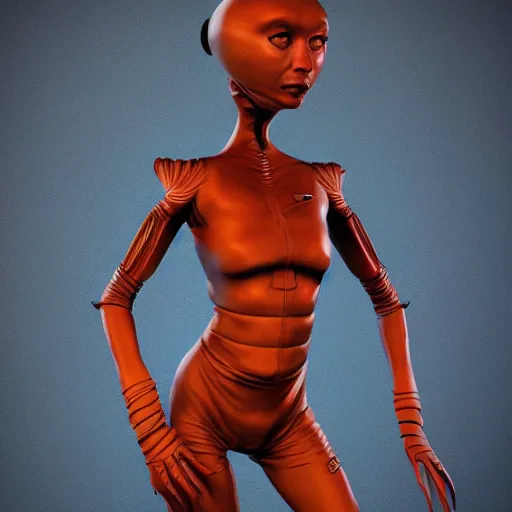 Prompt: beautiful alien super model sporting the latest fashion from Mars, highly detailed, 3d render, octane render, full body shot