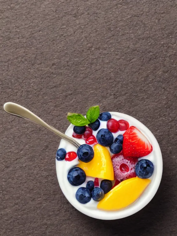 Image similar to miniature diorama of yogurt with spoon with fruits colorful