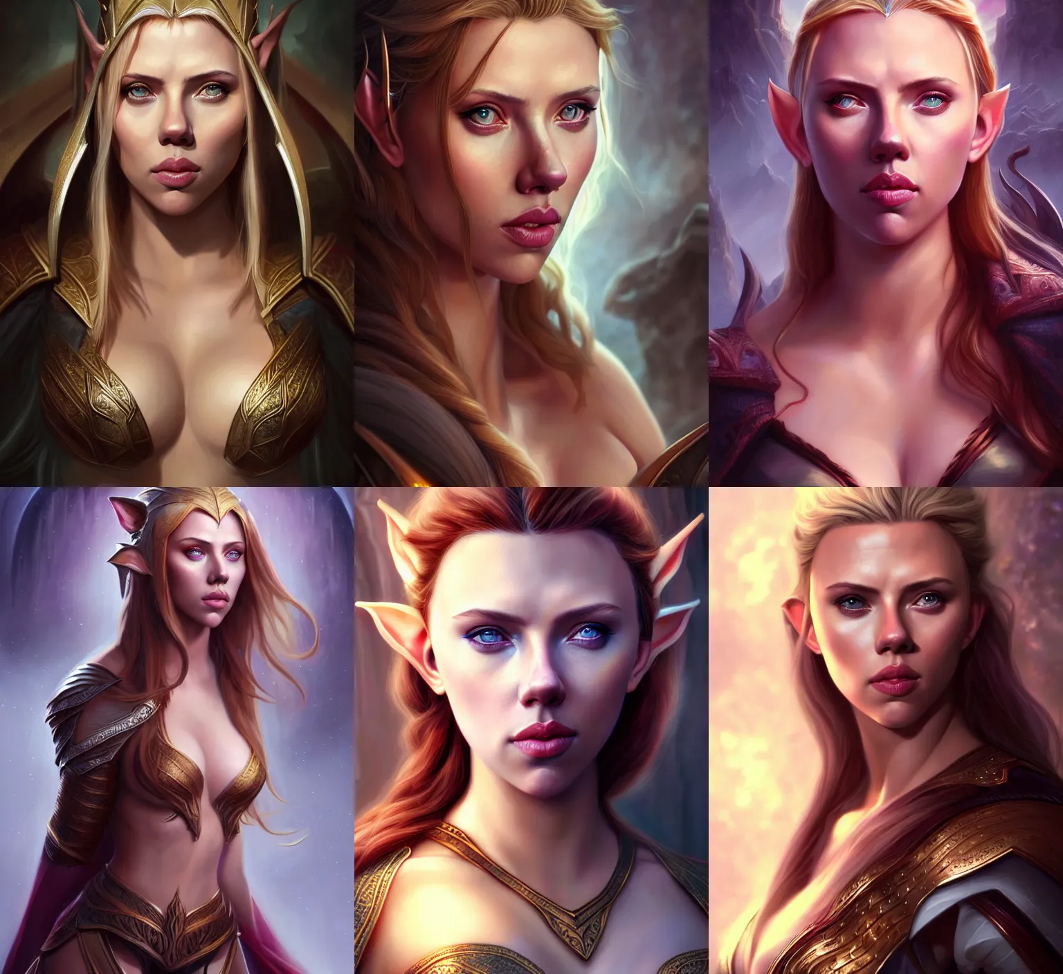 Prompt: portrait of a young beautiful high elf priestess, scarlett johansson, upper body, attractive body, fantasy, intricate, cinematic lighting, highly detailed, digital painting, artstation, concept art, smooth, sharp focus, illustration, art by Artgerm