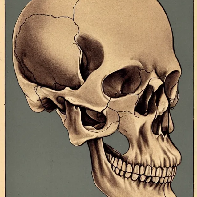 Prompt: vintage anatomical illustration of a fragmented skull into hundreds of pieces, vintage textbook