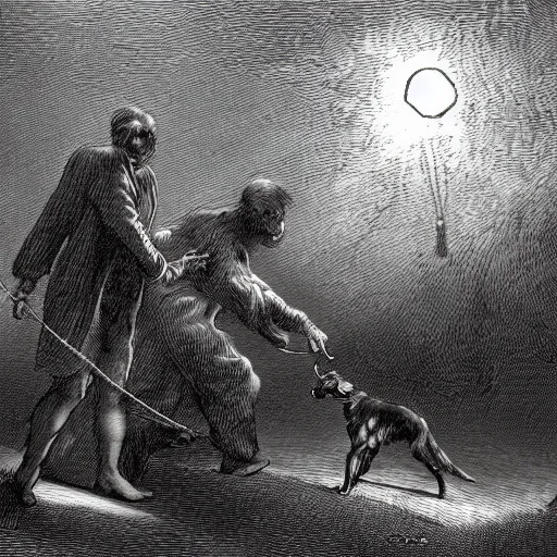 Prompt: a gentleman leading wild dogs on a leash, creepy, chiaroscuro, dark night, illustration by Gustave Doré,