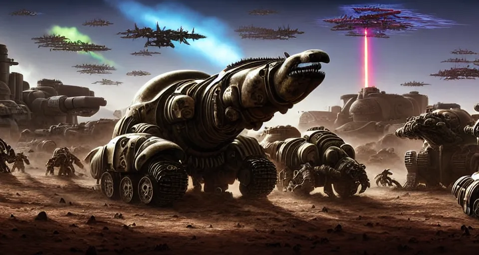 Prompt: pixar dinosaurs googly eyes cyborg running kangaroo ostrich atat, military tank fury road iron smelting pits space marines, of spiked gears of war skulls, military chris foss, john harris, hoover dam'aircraft carrier tower'beeple, wayne barlowe, warhammer 4 0 k, halo, halo, mass effect