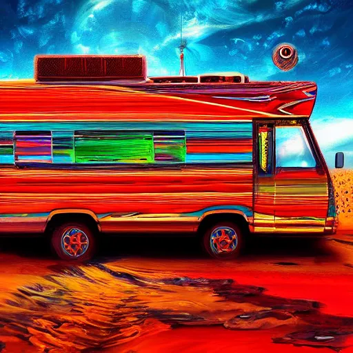 Prompt: beautiful digital psychedelic painting of an RV in the desert, hyperdetailed, vivid colors, trending on Artstation