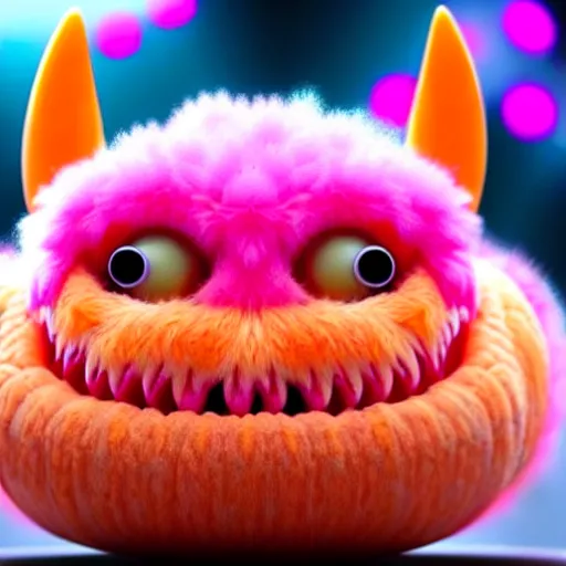 Image similar to an alien with a face that looks like a fuzzy peach the peach is fuzzy pink warm and ripe the alien has horns and a mean smile the alien has chicken feet cruel smile, 4k, highly detailed, high quality, amazing, high particle effects, glowing, majestic, soft lighting, detailed background