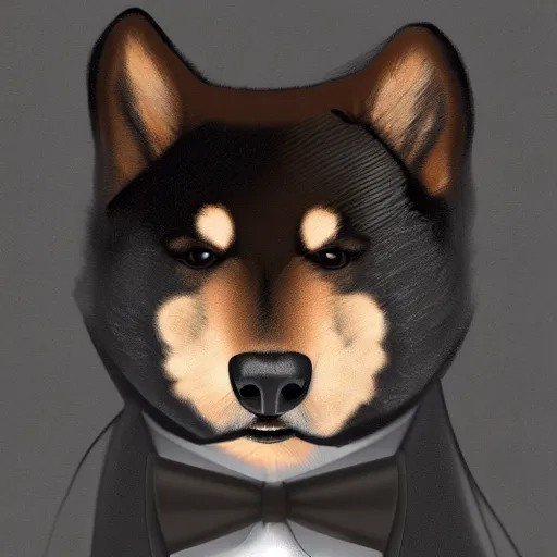Prompt: Black and tan Shiba Inu in a tuxedo as a secret agent, 4k, digital art, high detail