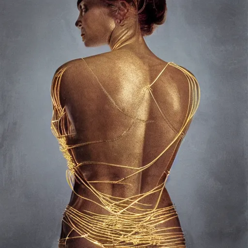 Image similar to A perfect female goddess stands for a waist up portrait with her body sightly wrapped in thin gold wire creatively arranged so as to look like prison tattoos, hyper photo realistic 8K HD HDRI, photo by Annie Leibovitz.